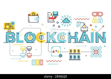 Blockchain Wort Beschriftung Illustration mit Symbolen für Web-Banner, Landing Page, Essay, etc. Stock Vektor