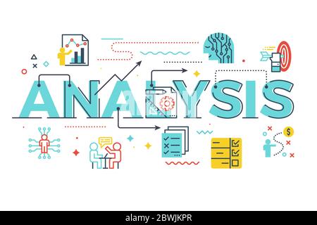 Analyse Wort Beschriftung Illustration mit Symbolen für Web-Banner, Flyer, Landing Page, Artikel, etc. Stock Vektor