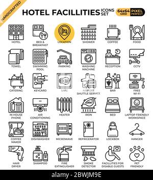 Hotel Facillities Konzept Icons in modernen Linie Icon Stil für ui, ux, Web, mobile App Design, etc. Gesetzt Stock Vektor