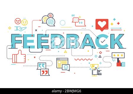 Feedback Wort Beschriftung Illustration mit Symbolen für Web-Banner, Landing Page, Essay, etc. Stock Vektor