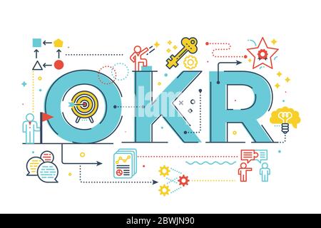 OKR (Ziele und Schlüsselergebnisse)Wortschätzendarstellung mit Symbolen für Webbanner, Flyer, Landing Page, Präsentation, Buchcover, Artikel, etc. Stock Vektor