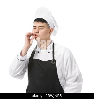 Schöner asiatischer Koch auf weißem Hintergrund Stockfoto