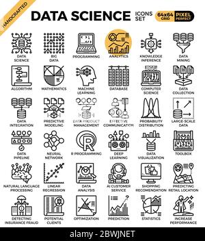 Data Science Konzept Detaillierte Linien-Icons im modernen Linien-Icon-Stil für ui, ux, Web, App-Design gesetzt Stock Vektor
