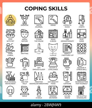 Coping Skills Concept Line Icons im modernen Stil für ui, ux, Web, App, Broschüre, Flyer und Präsentation Design, etc. Stock Vektor