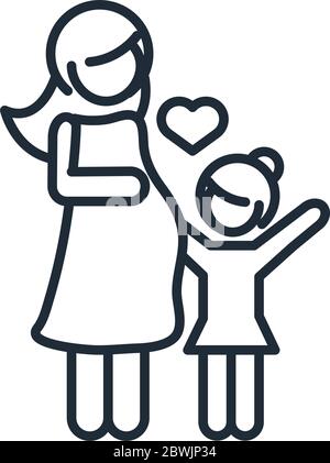 Schwangere Frau und Tochter Charakter Familientag, Symbol in Outline Stil Vektor-Illustration Stock Vektor