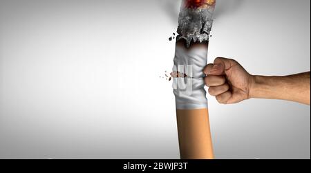 Konzept des Rauchens und Breaking eine Zigarette Raucher Gewohnheit und Crushing die Nikotinsucht als mit 3D-Illustration Elemente. Stockfoto