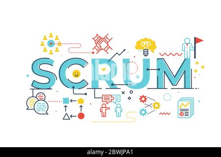 Scrum Wort-Beschriftung Illustration mit Symbolen für Web-Banner, Flyer, Landing Page, Präsentation, Buchcover, Artikel, etc. Stock Vektor