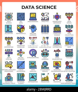 Data Science Konzept Detaillierte Linien-Icons im modernen Linien-Icon-Stil für ui, ux, Web, App-Design gesetzt Stock Vektor