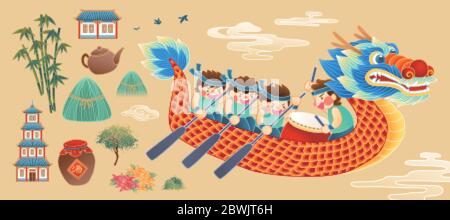 Elemente für Drachenboot Festival in flachem Stil, isoliert auf gelbem Hintergrund Stock Vektor