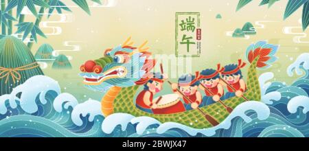Banner für Duanwu Festival in flachem Stil, mit einer Gruppe von Menschen Rudern Drachenboot in starken Wellen, chinesische Übersetzung: Happy Dragon Boot Festival Stock Vektor
