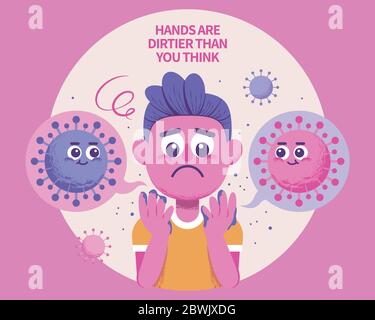 Junge Blick auf seine Hände ängstlich, COVID-19 Hygiene-Konzept Illustration in rosa und lila Ton Stock Vektor