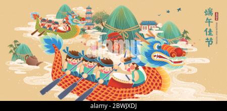 Banner für Duanwu Festival in flachem Stil, mit zwei Gruppen von Menschen versuchen, den Drachen Boot Rennen zu gewinnen, chinesische Übersetzung: Happy Dragon Boot festiva Stock Vektor