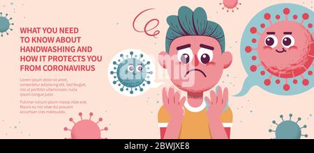 Junge Blick auf seine Hände ängstlich, COVID-19 Hygiene-Konzept Banner Illustration Stock Vektor