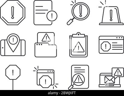 Warnung, Achtung Gefahr Ausrufezeichen Vorsichtshinweis, Linienstil-Design-Symbole setzen Vektorgrafik Stock Vektor