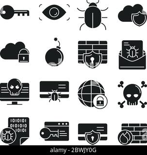 Symbole für Cyber-Sicherheit und Informationen oder Netzwerkschutz setzen Vektorgrafik für Linienstil Stock Vektor