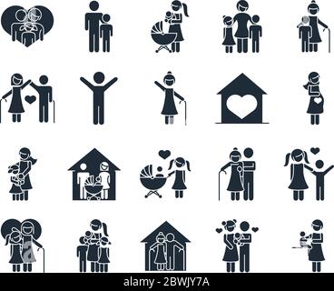 Familientag, Vater Mutter Kinder Großeltern Charaktere, Set-Symbol in Silhouette Stil Vektor-Illustration Stock Vektor