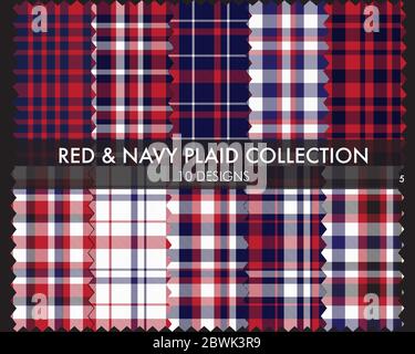 Red Navy Plaid Tartan kariert nahtlose Muster Collection - Red Navy Plaid, Tartan nahtlose Muster-Kollektion enthält 10 Designs Stock Vektor