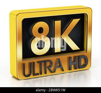 Gold 8K Ultra HD-Etikett auf weißem Hintergrund isoliert. 3D-Darstellung. Stockfoto