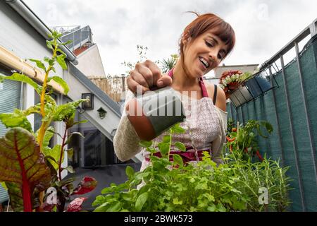 Glückliche kaukasische Frau, die an einem bewölkten Tag die Pflanzen und aromatischen Kräuter im Garten auf ihrem Balkon wässern Stockfoto