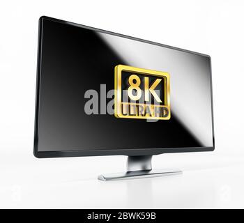 Gold 8K Ultra HD-Etikett auf generischem Fernseher mit Reflektion. 3D-Darstellung. Stockfoto
