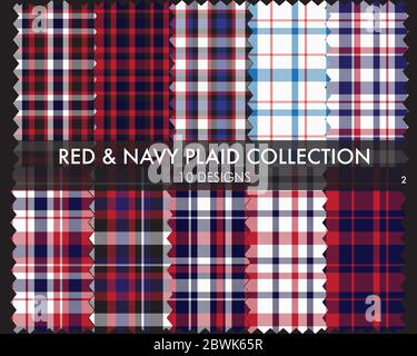 Red Navy Plaid Tartan kariert nahtlose Muster Collection - Red Navy Plaid, Tartan nahtlose Muster-Kollektion enthält 10 Designs Stock Vektor