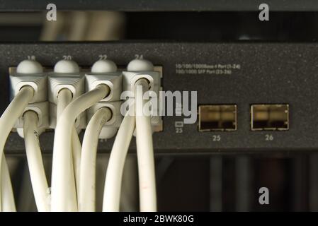 Netzwerk-Switch und ethernet-Kabel im Rack-Schrank. Die Netzwerkanschlusstechnik wird durch cat6- und cat5-Kabel geführt. Netzwerk-Switch und -Kabel. Stockfoto
