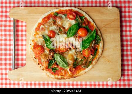 HAUSGEMACHTE SPINAT UND CARMELISED ZWIEBELPIZZA MIT JALAPENOS SONNENGETROCKNETEN TOMATEN, IN DÜNNE SCHEIBEN GESCHNITTENEN FRISCHEN TOMATEN UND KÄSE Stockfoto