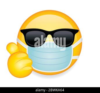 Hochwertiges Emoticon auf weißem Hintergrund. Emoji mit Sonnenbrille, Daumen hoch und Maske. Gelbe kranke Emoji trägt Sonnenbrille und medizinische Maske zu schützen Stock Vektor