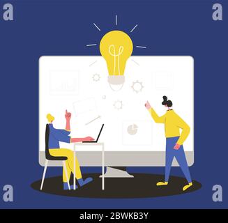 Brainstorming. Haben Sie eine Geschäftsidee. Charakter am Computer und ihre Kollegen stehen und denken. Vektor flache Farbe Illustration. Stock Vektor