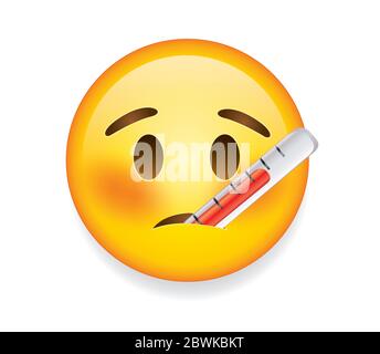 Beliebte Chatelemente. Trending Emoticon.Hochwertiges Emoticon auf weißem Hintergrund.Sick Emoji, gelbes Gesicht mit erhöhten Augenbrauen und Thermometer. Stock Vektor