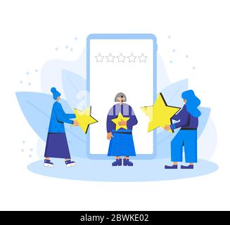 Feedback-Konzept der App. Kunden geben eine gute Note. Drei weibliche Charaktere stehen neben einem riesigen Telefon und halten Sterne in ihren Händen. Leistungsbewertung. Stock Vektor