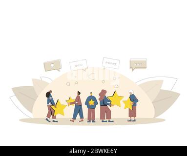 Bewertung der Kundenbewertung. Feedback-Konzept. Glückliche Kunden stehen mit goldenen Sternen und Kommentar Sprechblasen. Leistungsbewertung. Vektor flache Abbildung. Stock Vektor