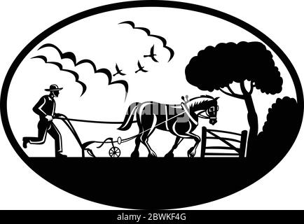 Retro Holzschnitt-Stil Illustration von Landwirt und seine Clydesdale Pferd Pflügen Bauernhof Feld im Inneren oval auf isolierten Hintergrund gesetzt. Stock Vektor