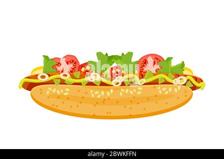 Hot Dog isoliert auf weißem Hintergrund. Hotdog mit Wurst, Gemüse und Senf. Fastfood für Poster, Etiketten, Etiketten, Menüs, Web und Icon. Stock-Vektor Stock Vektor