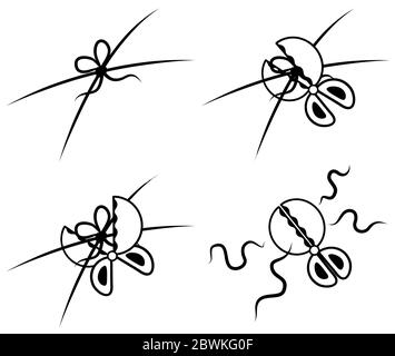 Runde Schere Schneiden Knoten Schritte Schablone schwarz, Vektor-Illustration, horizontal, isoliert Stock Vektor
