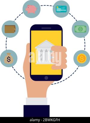Hand halten Smartphone mit Bank und Icons Vektor-Design Stock Vektor