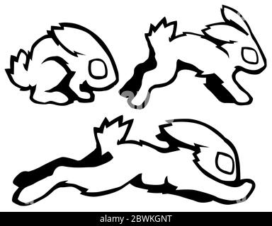 Kaninchen sitzen, laufen und springen Bewegung Cartoon Schablone schwarz, Vektor-Illustration, horizontal, isoliert Stock Vektor