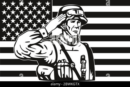 Retro-Stil Illustration eines amerikanischen Soldaten, Militärangehörigen, Personal oder Veteran Saluting Stern Spangled Banner USA Flagge Frontansicht auf Isolat Stock Vektor