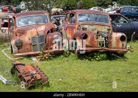 Verwackelt Autos in 'Crash Palace', Horopito, North Island, Neuseeland Stockfoto