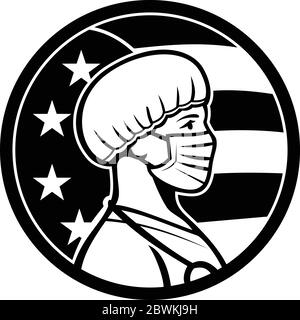 Schwarz-Weiß-Abbildung einer amerikanischen Krankenschwester, Ärztin, Ärztin, Ärztin, Pflegefachkraft, die eine chirurgische Maske und Haarschutzkappe sid trägt Stock Vektor