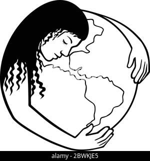 Retro Schwarz-Weiß-Stil Illustration von Mutter Erde oder Gaia, eine Göttin, die den Planeten bewohnt, bietet Leben und Nahrung, Umarmung der Welt Stock Vektor