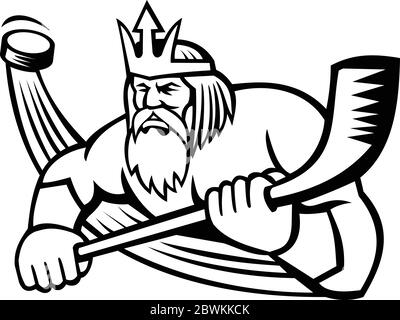 Maskottchen Illustration von Poseidon oder Neptun, gott des Meeres in der griechischen und römischen Mythologie, Eishockey mit Eishockey-Stick mit Puck Frontansicht auf i Stock Vektor