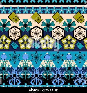 Leuchtendes Sattmuster mit Formen und Blüten in blauen, beigen und goldenen Farben. Seanless-Muster. Stockfoto