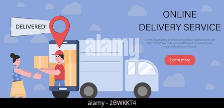 Lieferung Mann im Smartphone Paket an Frau liefern. Konzept Online-Lieferung Vektor-Illustration. Stock Vektor