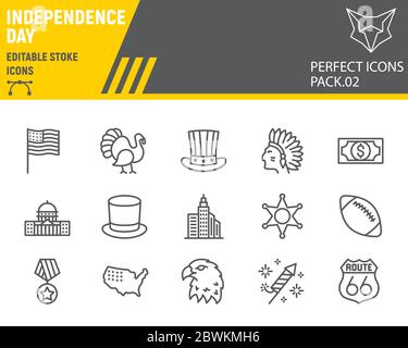 Independence Tag Linie Icon Set, usa Symbole Sammlung, Vektor-Skizzen, Logo Illustrationen, amerika Stolz Symbole, Urlaub Zeichen lineare Piktogramme Stock Vektor