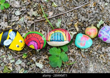 Handbemalte NHS Steine Anti Covid 19 Stockfoto