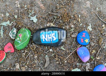 Handbemalte NHS Steine Anti Covid 19 Stockfoto