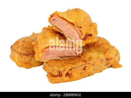 Teig bedeckt gebratene Spam Mittagessen Fleisch Fritten auf einem weißen Hintergrund isoliert Stockfoto