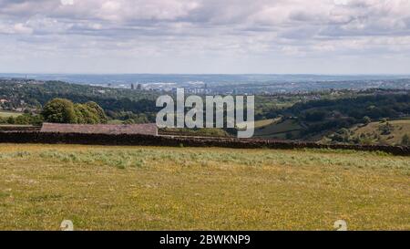Das hohe Stadtzentrum und die niedrigen bewaldeten Vororte von Sheffield City liegen im Don Valley unterhalb der Moore des Peak District. Stockfoto