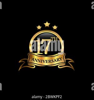 17. Jahrestag Design-Logo goldene Farbe mit Ring und goldenem Band für Jubiläumsfeier. EPS10 Stock Vektor